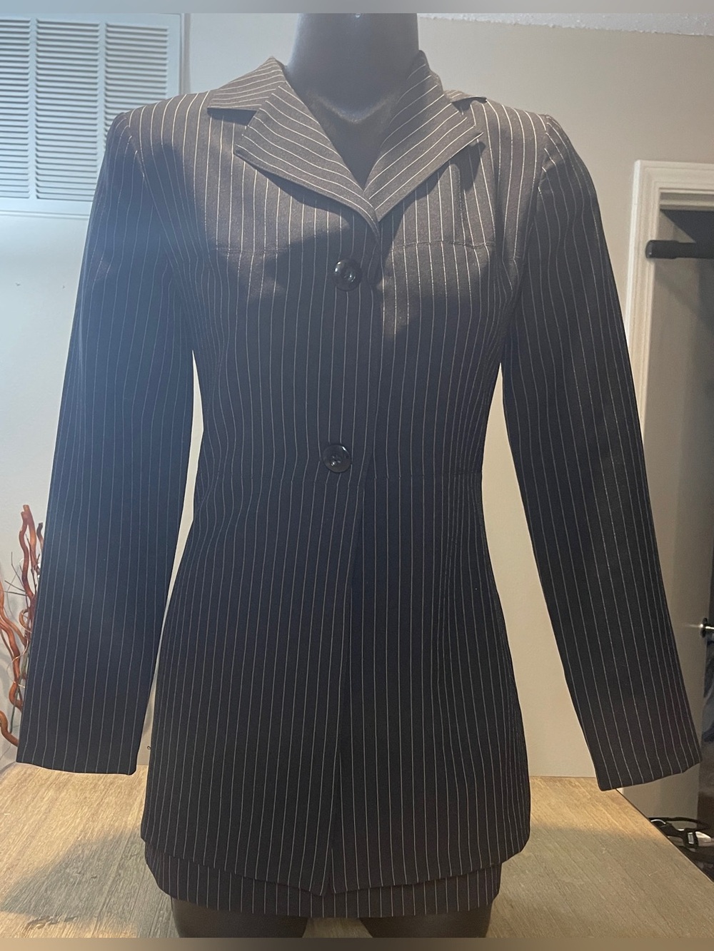 XOXO Black Pinstripe Women's Blazer and Skirt Set, Size Small
